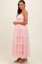 PinkBlush Light Pink Smocked Ruffle Tiered Tulle Maternity Midi Dress - 