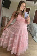 PinkBlush Light Pink Smocked Ruffle Tiered Tulle Maternity Midi Dress - 