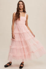 Light Pink Smocked Ruffle Tiered Tulle Midi Dress - One-piece garment, Day Dress, Gown, Bridal Party Dress, Bridal Clothing | Everetts Place