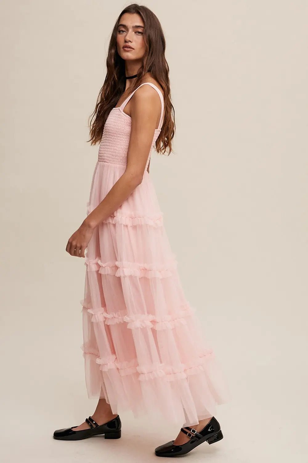 PinkBlush Light Pink Smocked Ruffle Tiered Tulle Midi Dress - 