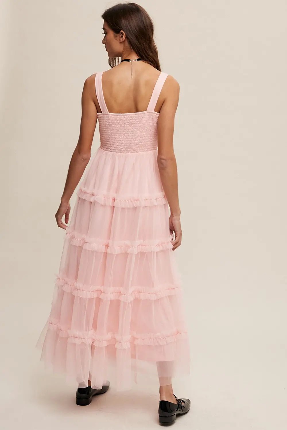 PinkBlush Light Pink Smocked Ruffle Tiered Tulle Midi Dress - 