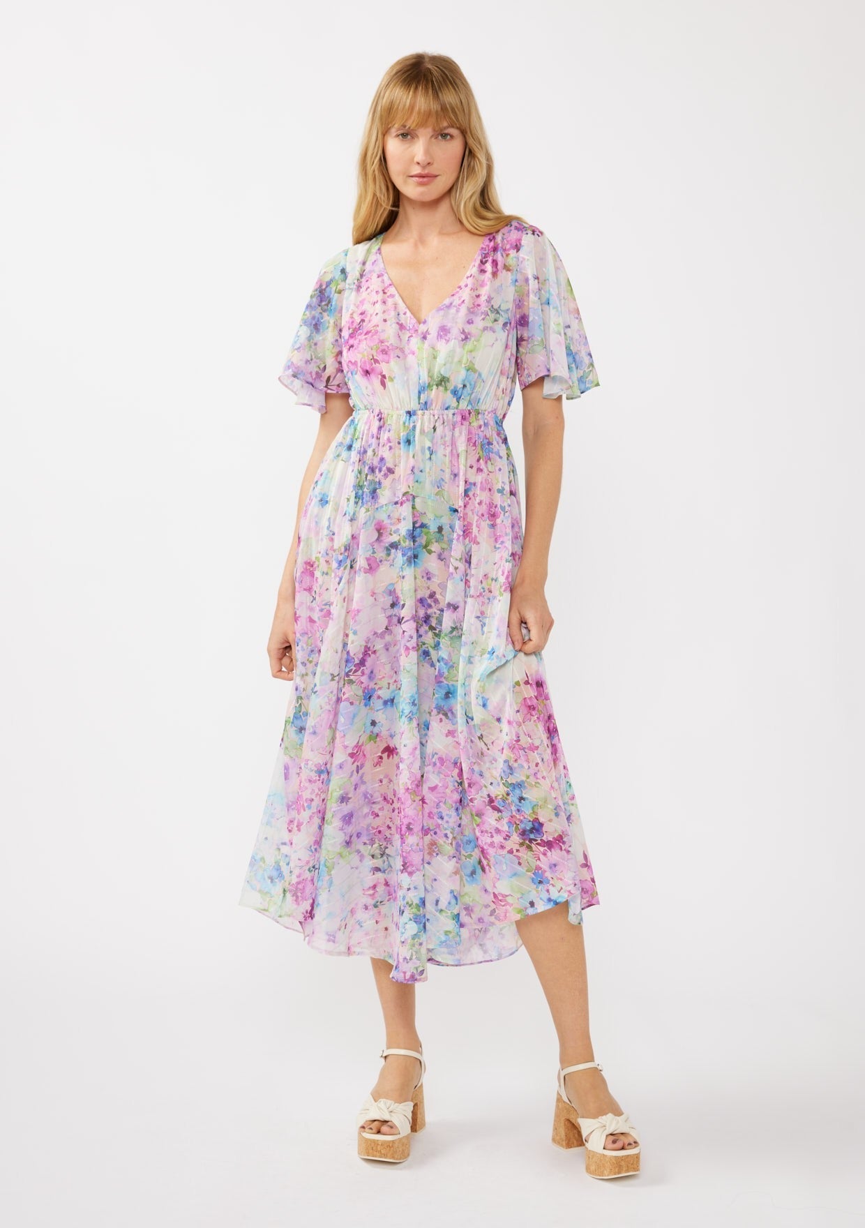 PinkBlush Light Pink Watercolor Floral Flutter Sleeve Maternity Midi DressEveretts Place