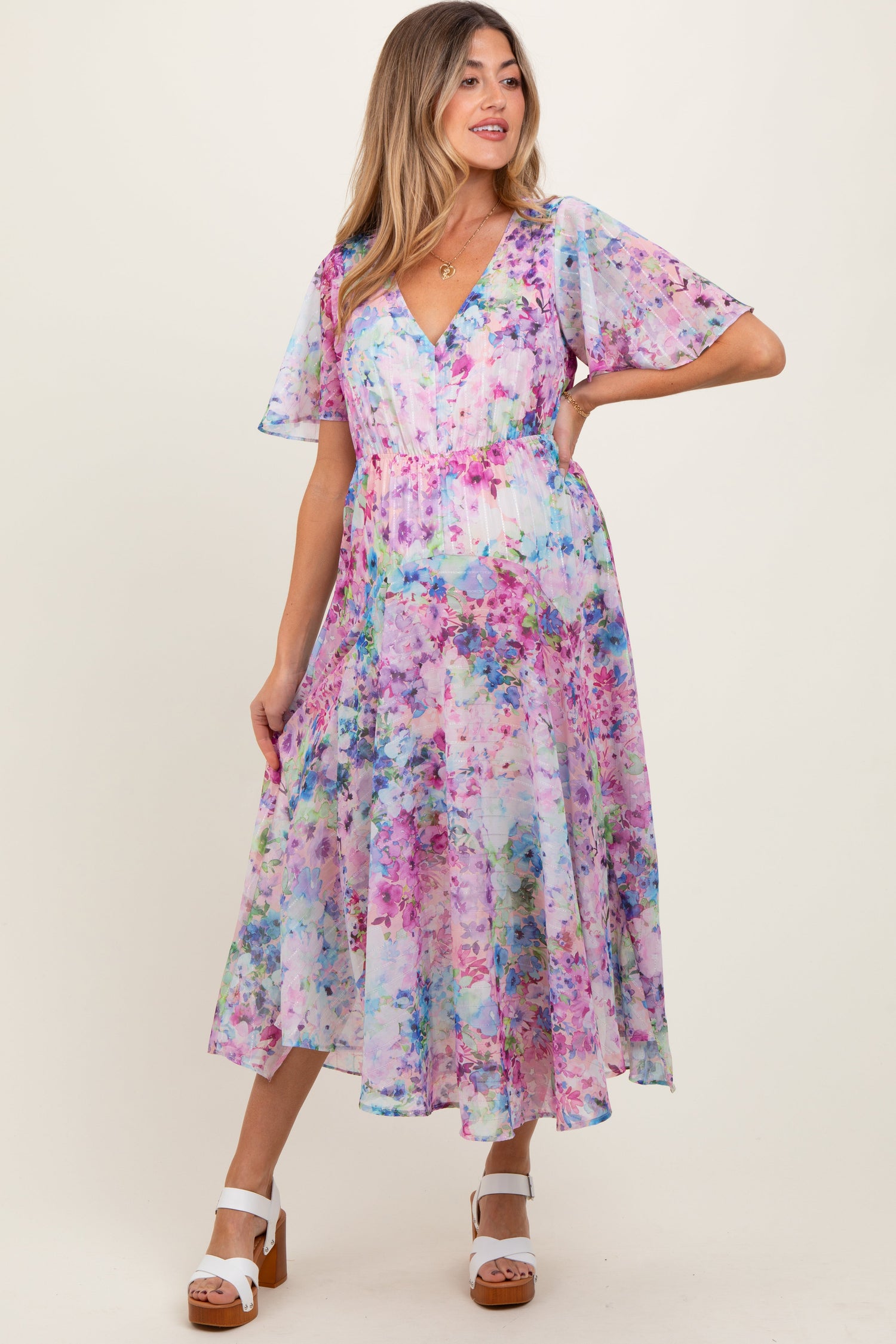 PinkBlush Light Pink Watercolor Floral Flutter Sleeve Maternity Midi DressEveretts Place