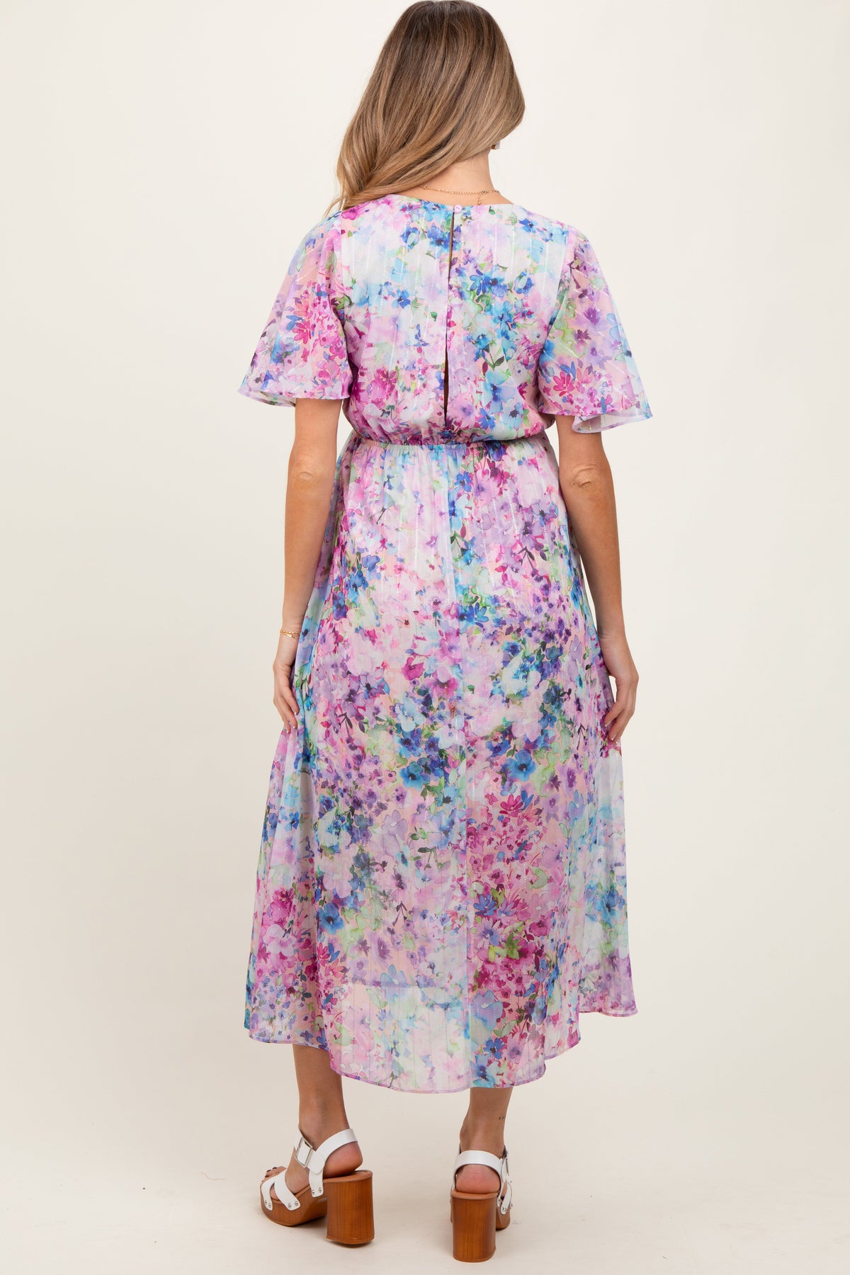 PinkBlush Light Pink Watercolor Floral Flutter Sleeve Maternity Midi DressEveretts Place