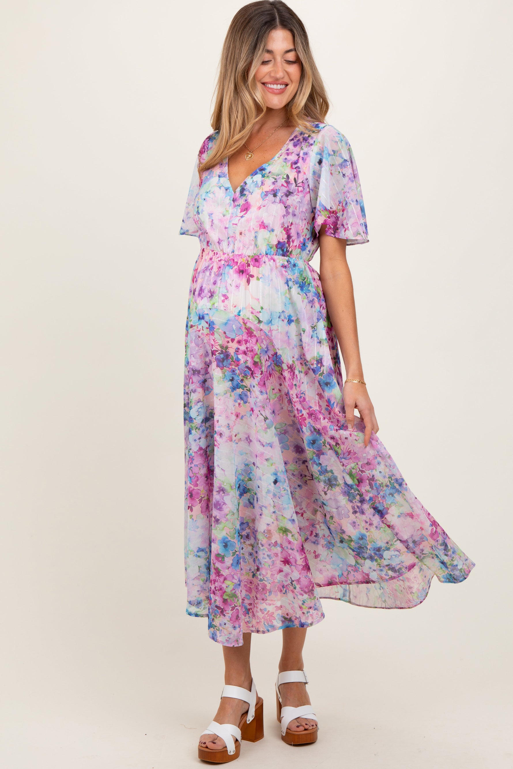 PinkBlush Light Pink Watercolor Floral Flutter Sleeve Maternity Midi DressEveretts Place