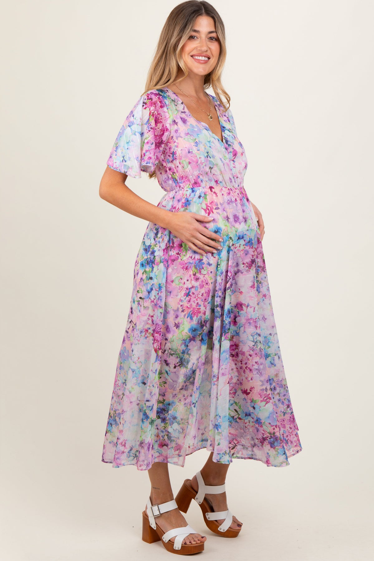 PinkBlush Light Pink Watercolor Floral Flutter Sleeve Maternity Midi DressEveretts Place