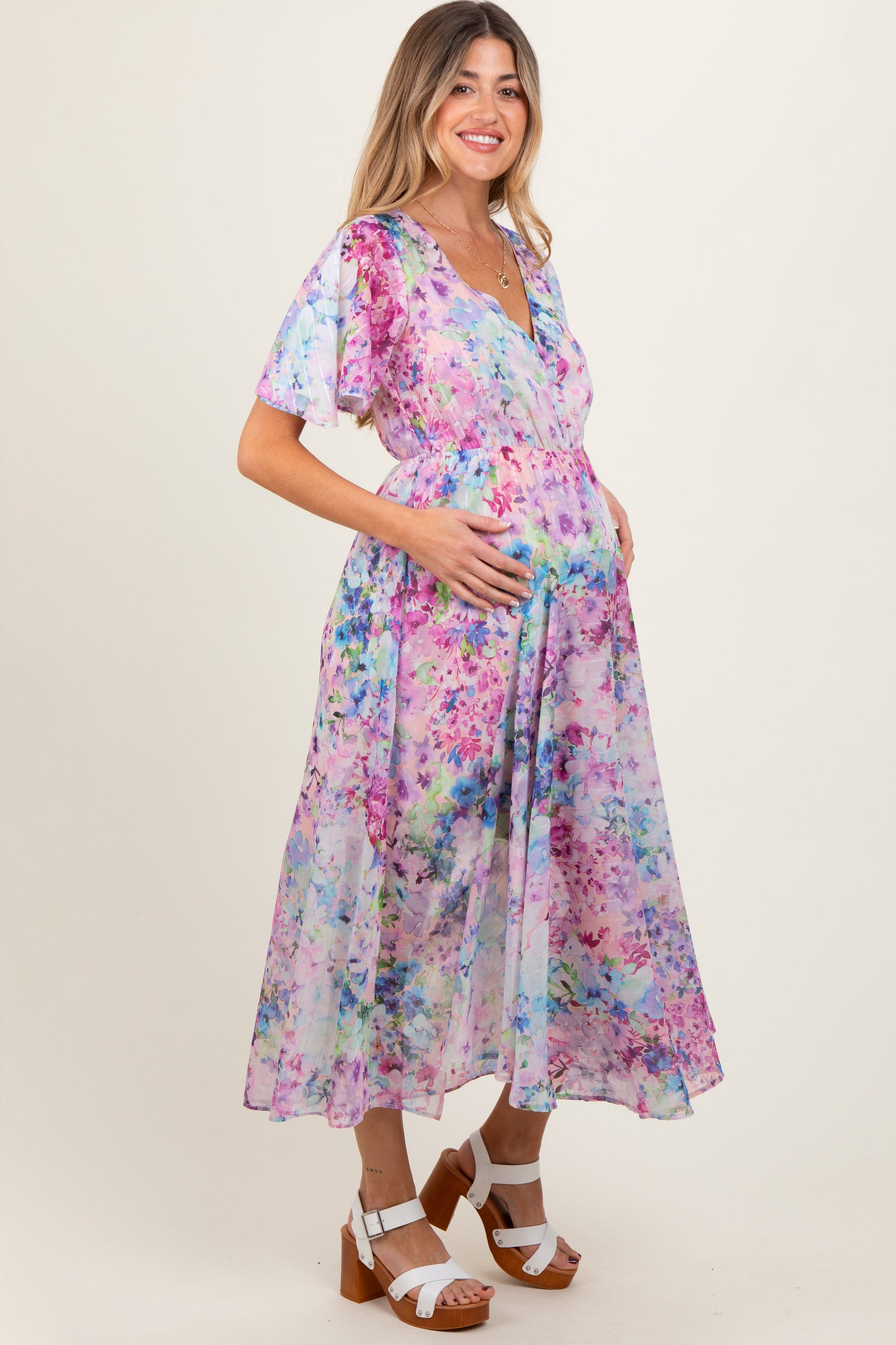 PinkBlush Light Pink Watercolor Floral Flutter Sleeve Maternity Midi DressEveretts Place