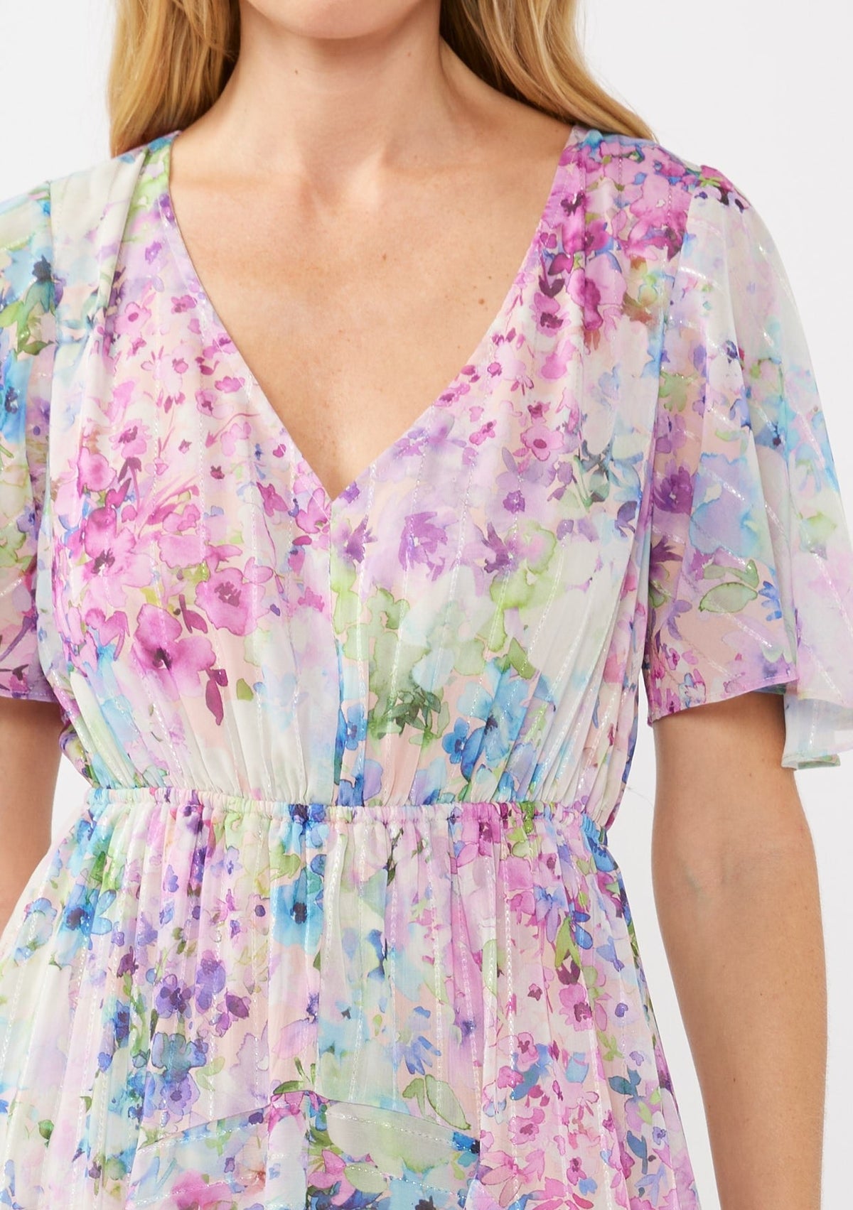 PinkBlush Light Pink Watercolor Floral Flutter Sleeve Midi DressEveretts Place