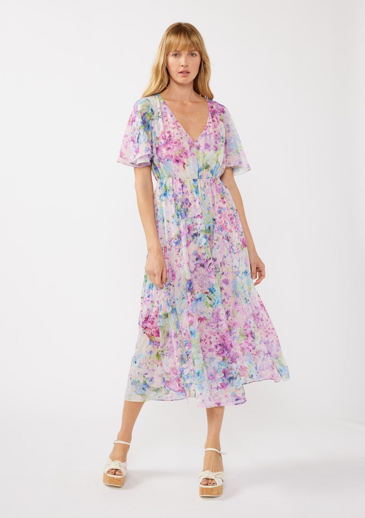PinkBlush Light Pink Watercolor Floral Flutter Sleeve Midi DressEveretts Place