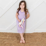 Short-sleeve toddler dress in a lilac and white checked pattern with a full twirl skirt