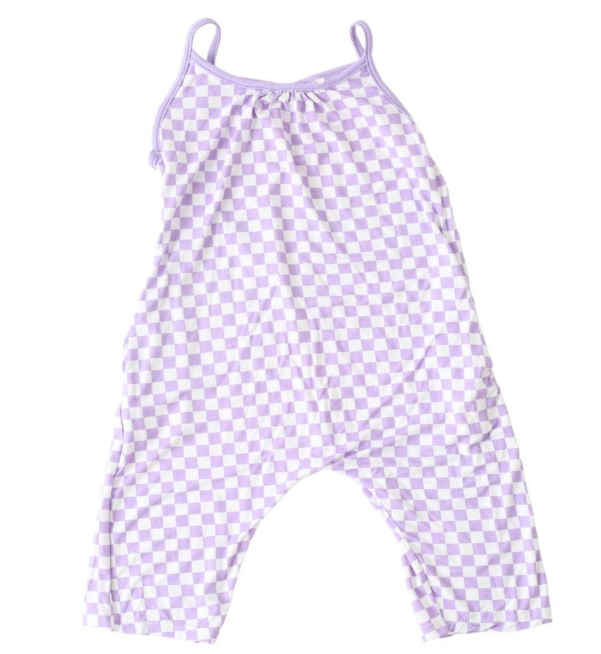 Sleeveless toddler jumpsuit in a lilac and white check pattern with pockets