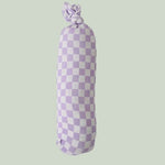 Swaddle blanket with a lilac and white checked pattern spread flat