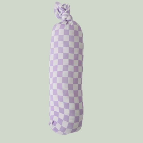 Swaddle blanket with a lilac and white checked pattern spread flat