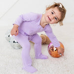 Lilac purple baby footie with fold-over mittens and a full-length front zipper.