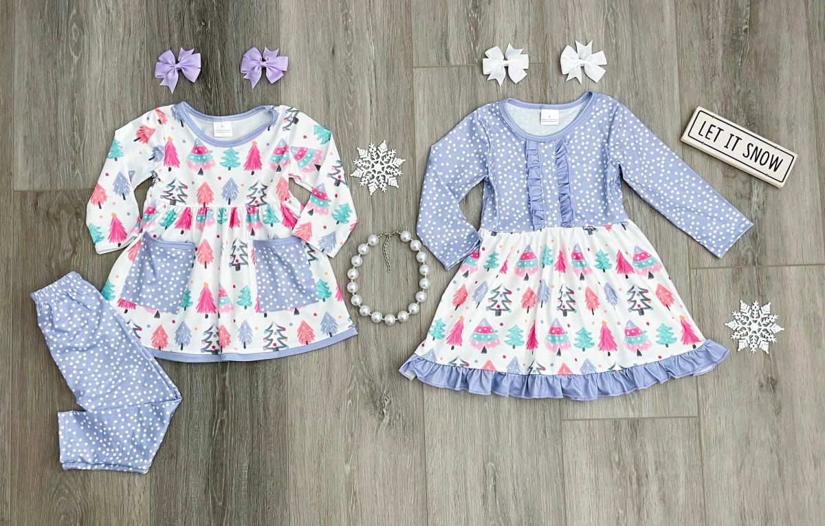 Rylee Faith Designs Lilac Polka Dot Christmas Tree Dress For Girls Outfit - Everetts Place Boutique - 