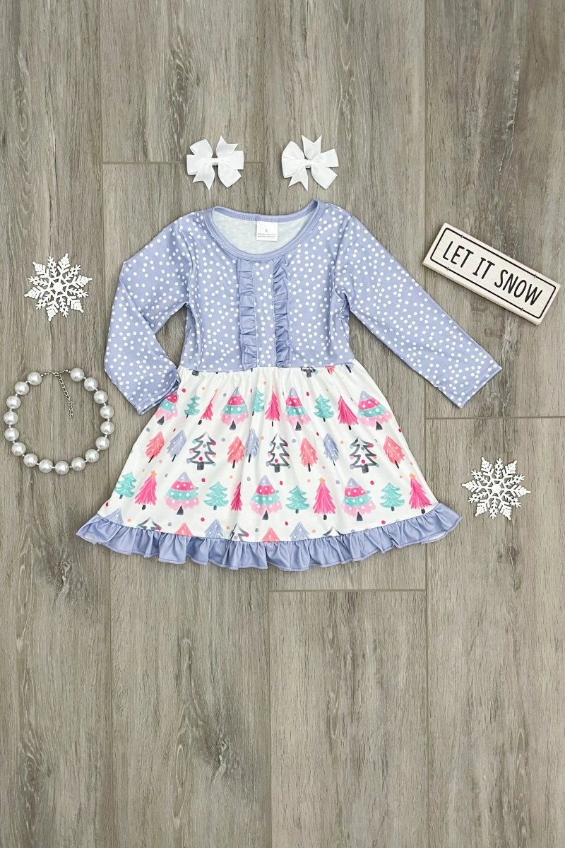 Rylee Faith Designs Lilac Polka Dot Christmas Tree Dress For Girls Outfit - Everetts Place Boutique - 