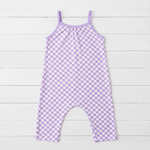 Sleeveless baby jumpsuit in lilac check print with two front pockets