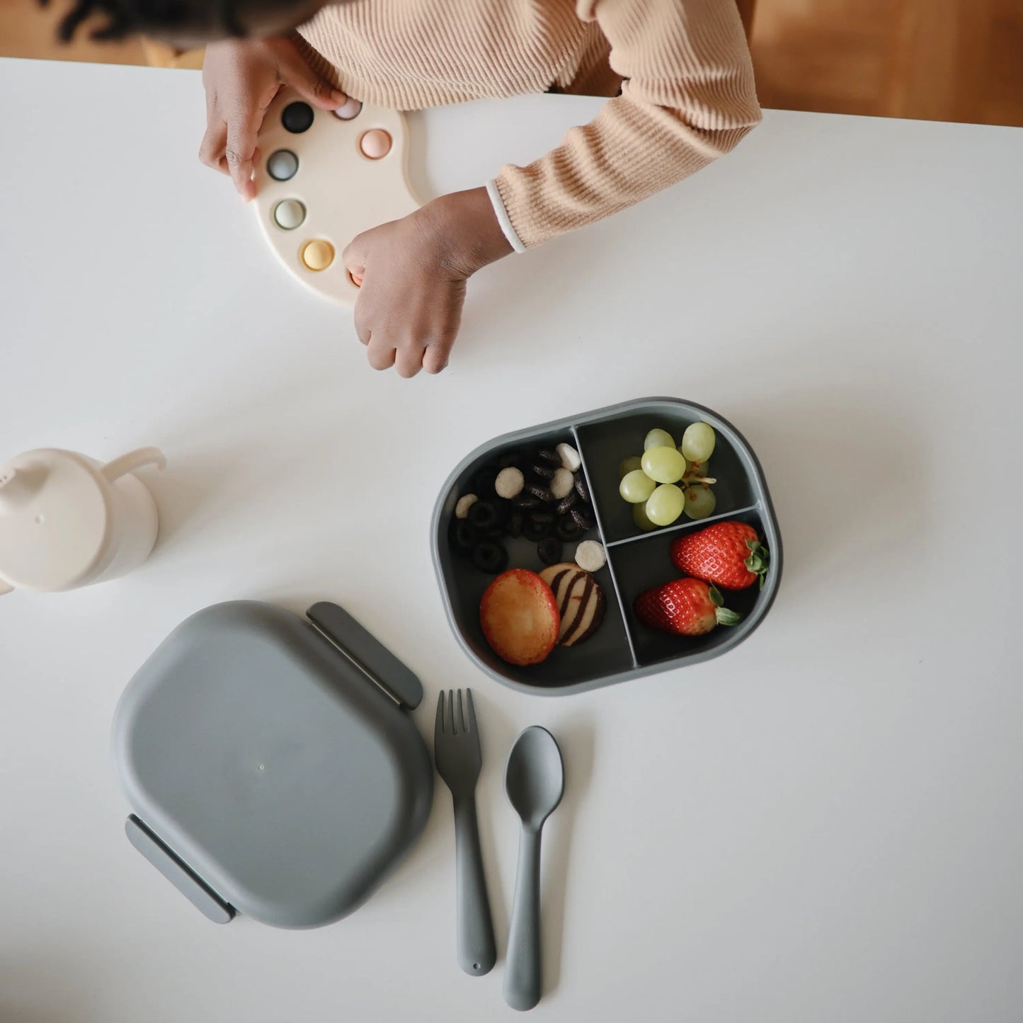 BPA Free Plastic Lunchbox with Built In Compartments and Locking Utensils Mushie