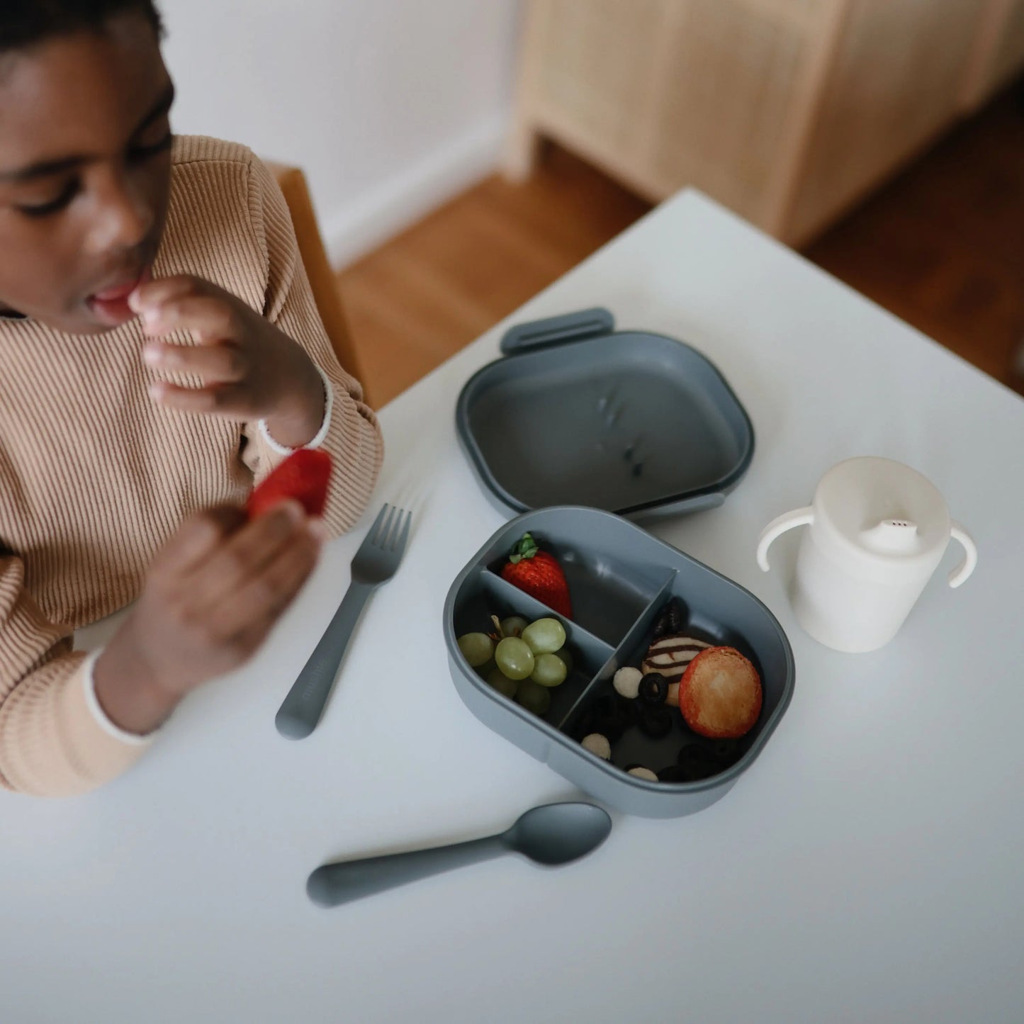 BPA Free Plastic Lunchbox with Built In Compartments and Locking Utensils Mushie