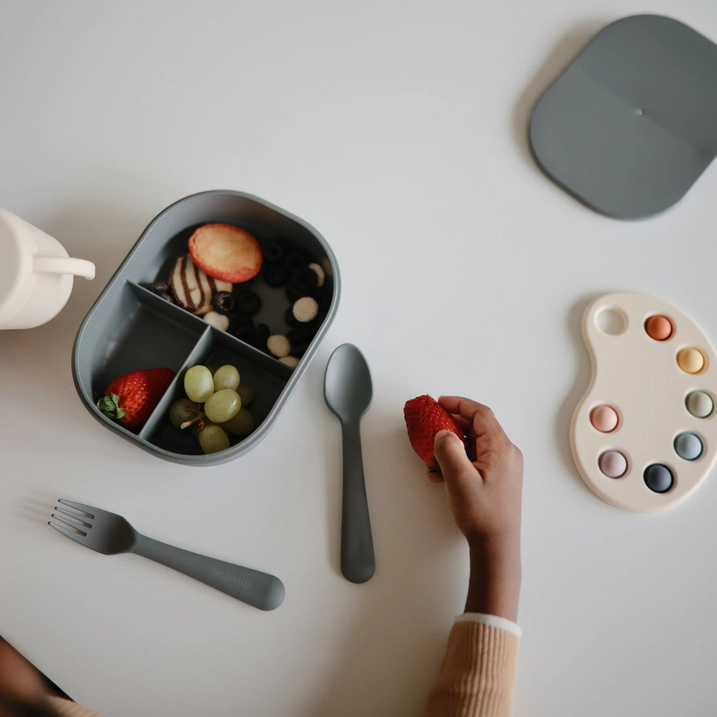 BPA Free Plastic Lunchbox with Built In Compartments and Locking Utensils Mushie