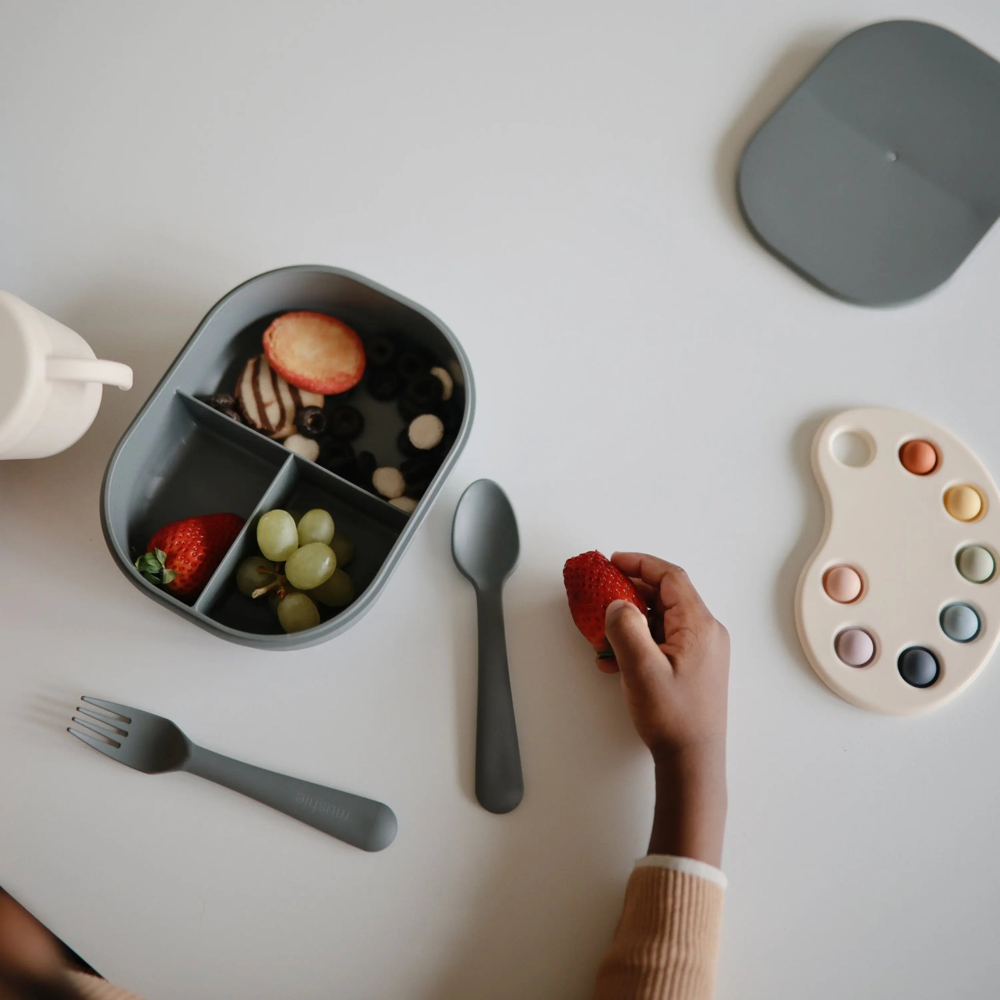 BPA Free Plastic Lunchbox with Built In Compartments and Locking Utensils Mushie