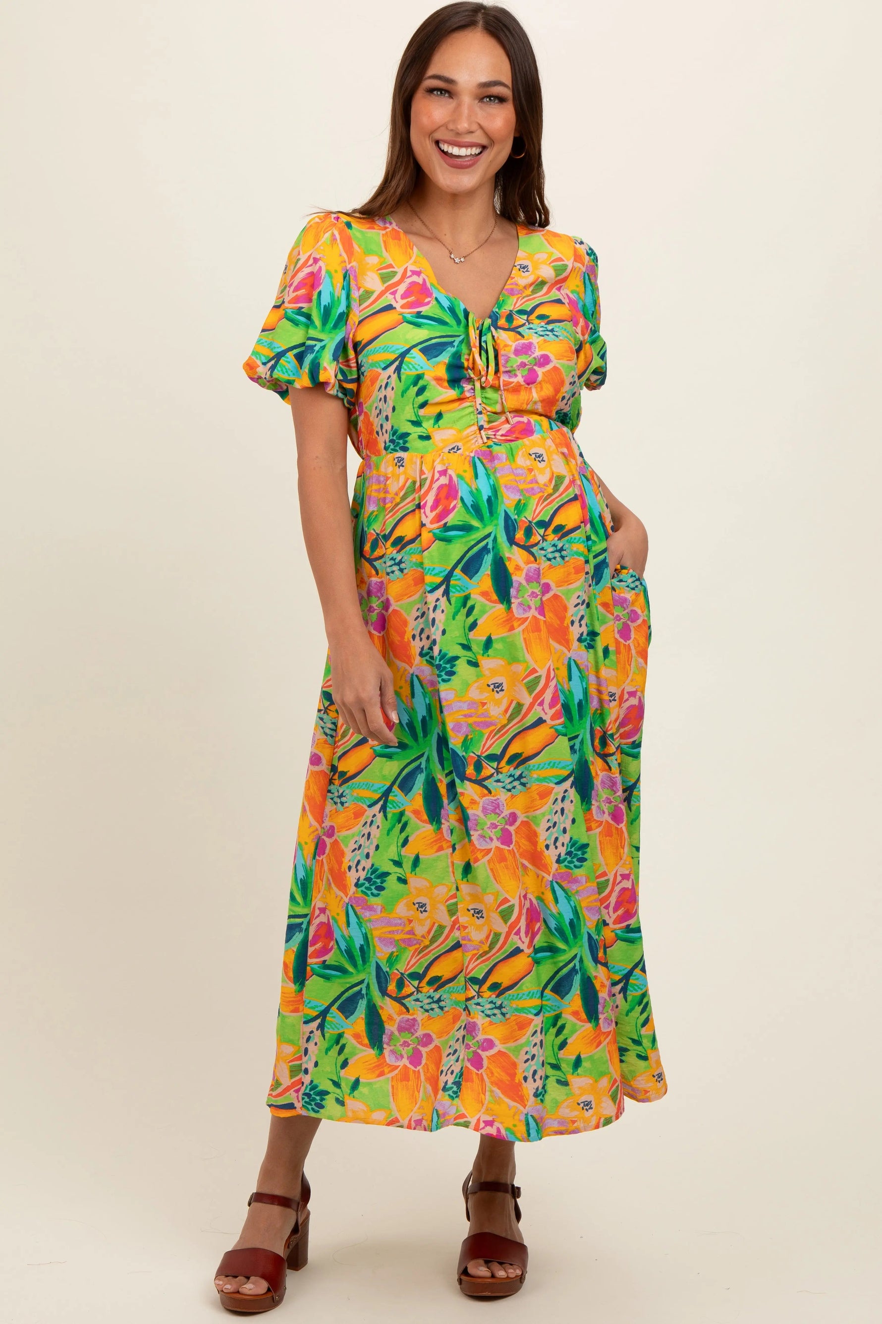 Lime Floral Puff Sleeve Maternity Midi Dress - Yellow, Day Dress, Dress, One-piece garment, Orange | Everetts Place