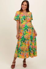 PinkBlush Lime Floral Puff Sleeve Maternity Midi Dress - 