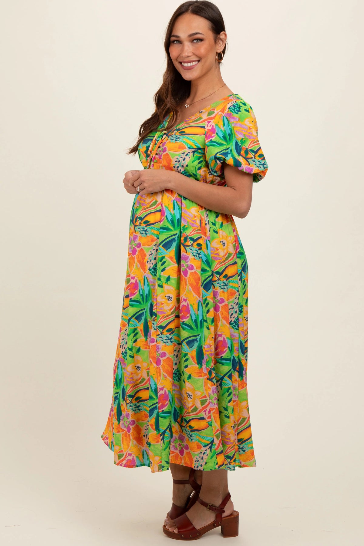 PinkBlush Lime Floral Puff Sleeve Maternity Midi Dress - 