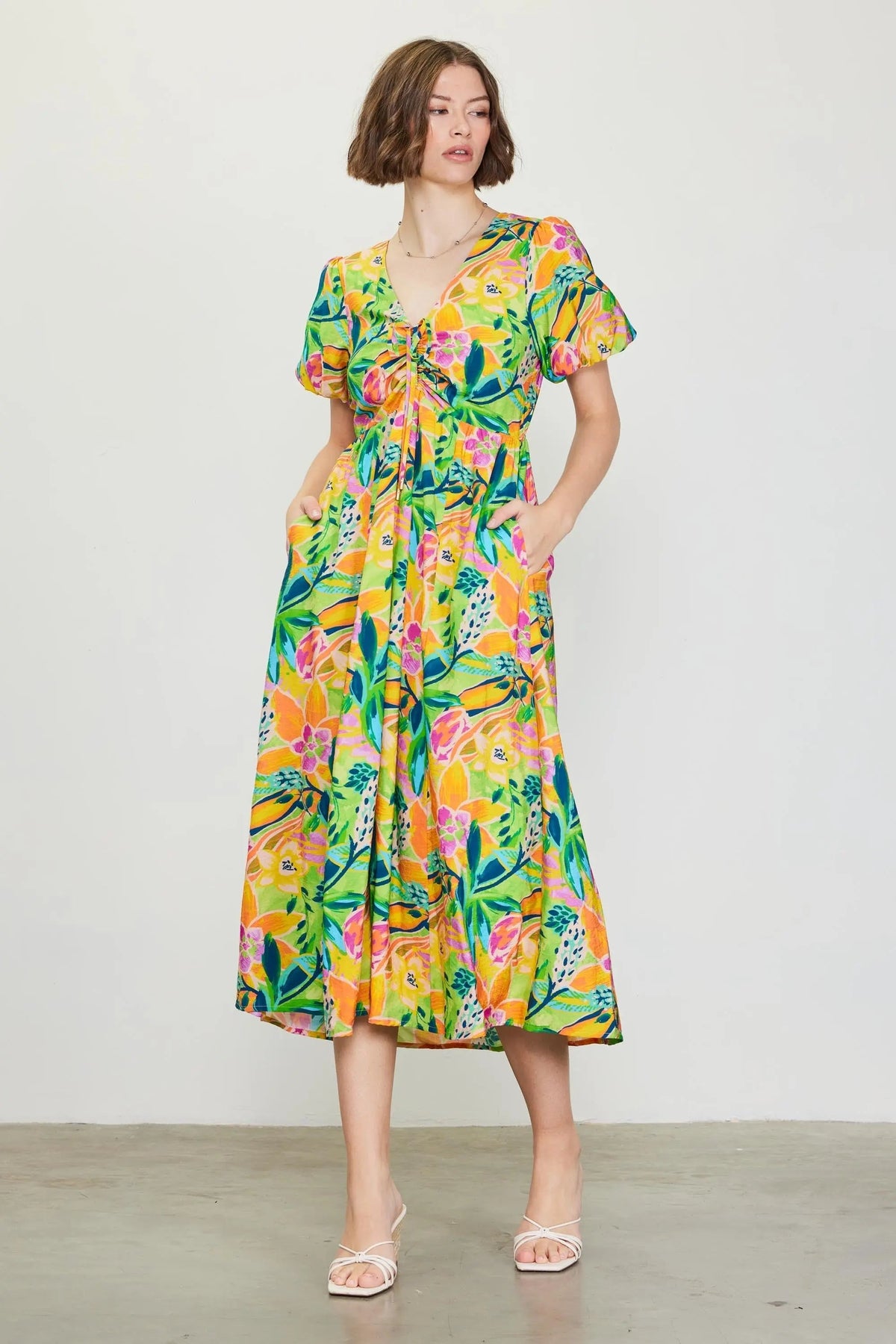 Lime Floral Puff Sleeve Midi Dress - Yellow, Day Dress, One-piece garment, Person, Dress | Everetts Place