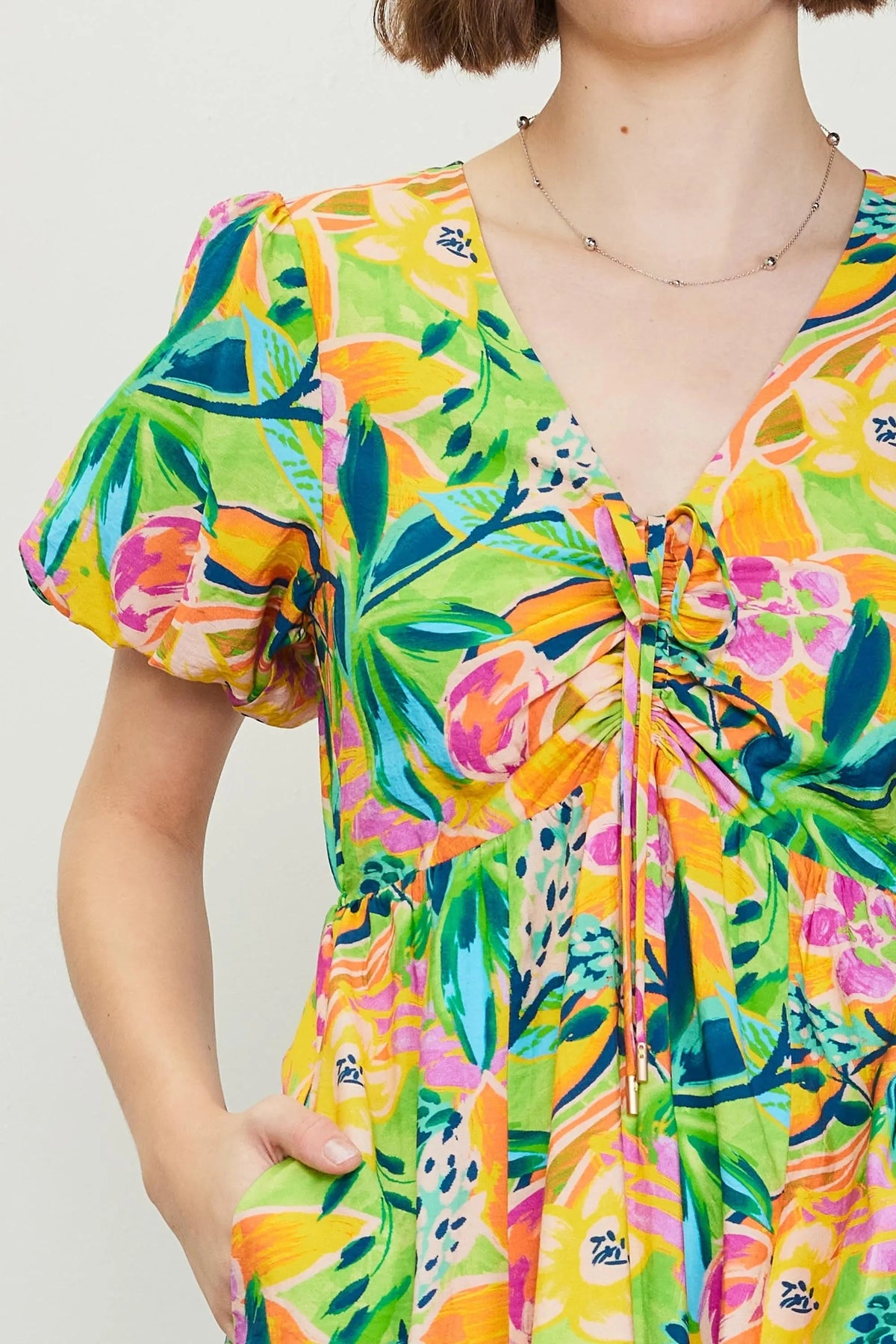 PinkBlush Lime Floral Puff Sleeve Midi Dress - 