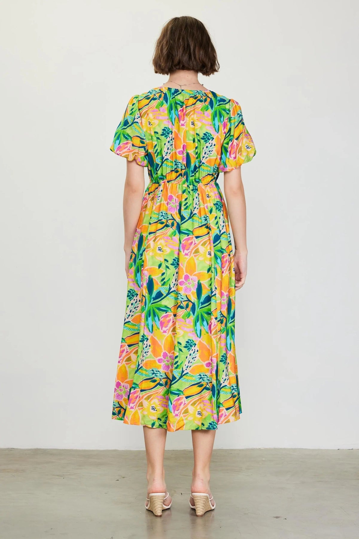 PinkBlush Lime Floral Puff Sleeve Midi Dress - 