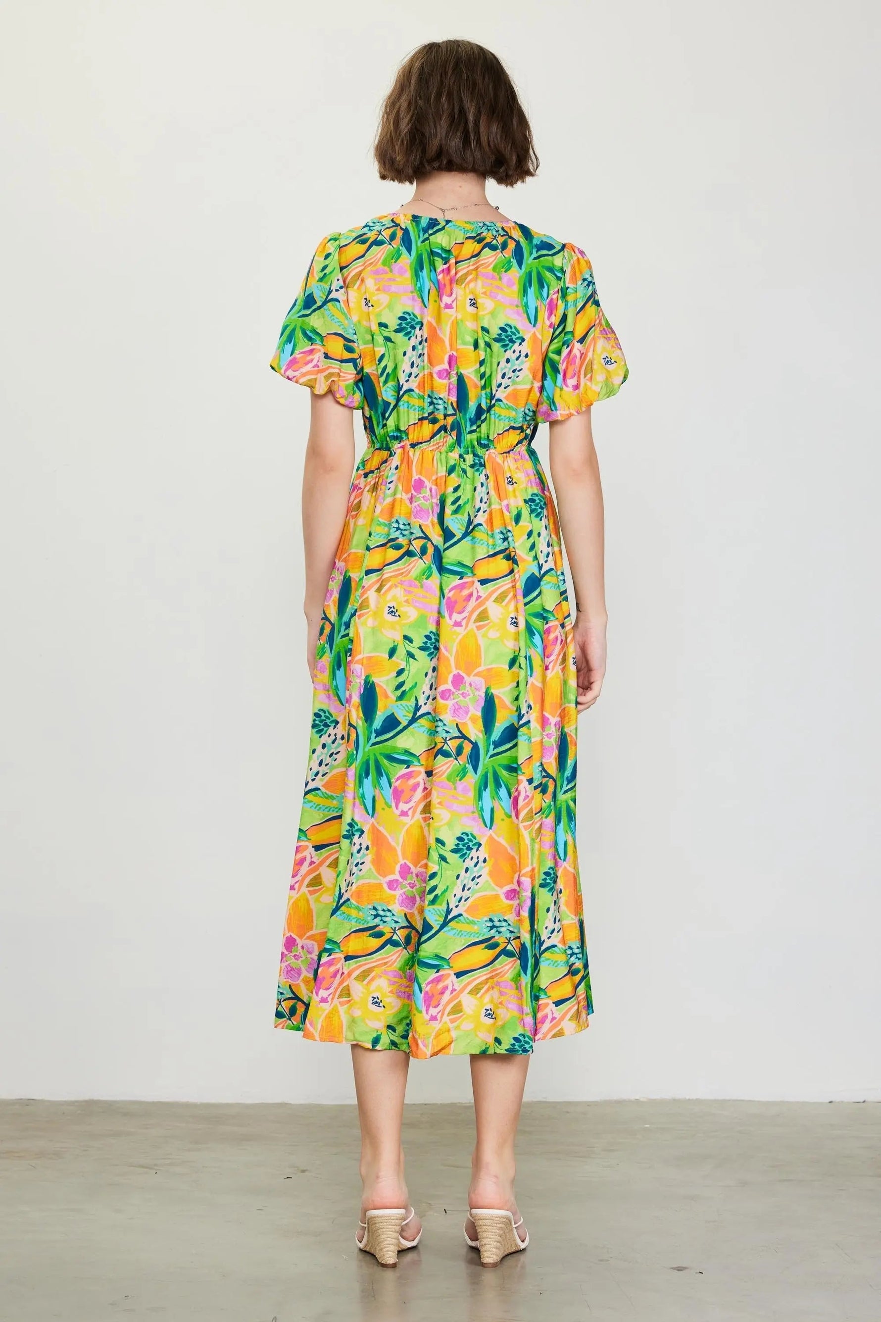 PinkBlush Lime Floral Puff Sleeve Midi Dress - 
