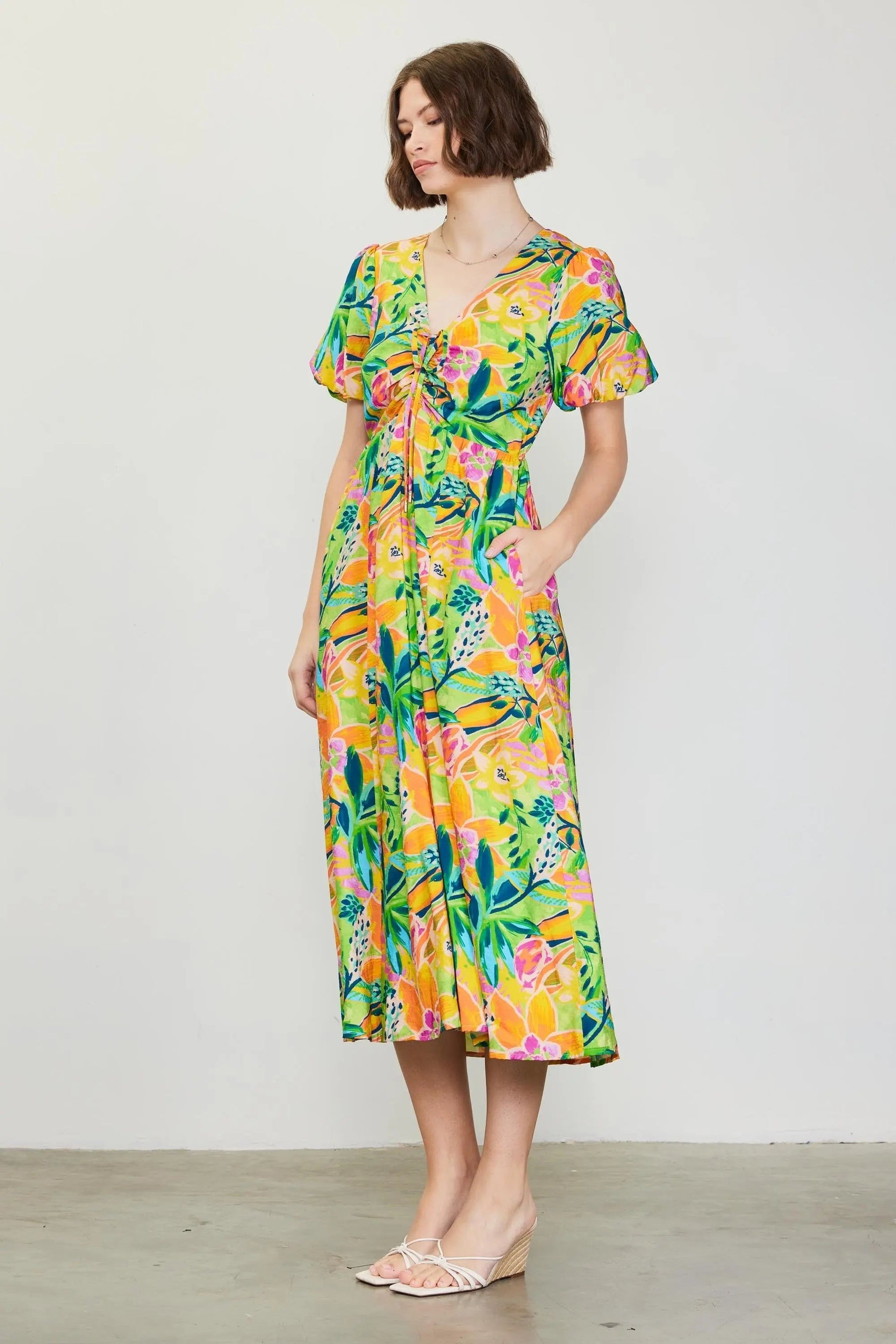 PinkBlush Lime Floral Puff Sleeve Midi Dress - 