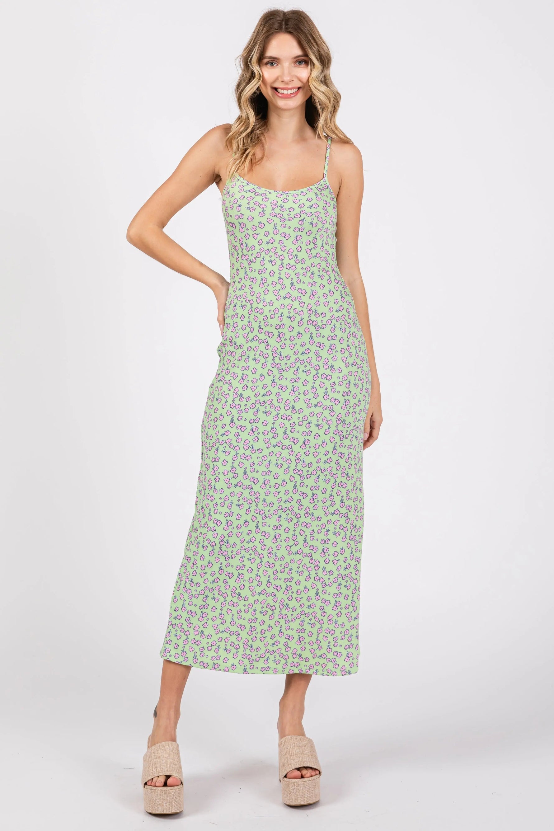 PinkBlush Lime Floral Sleeveless Maternity Midi Dress - 