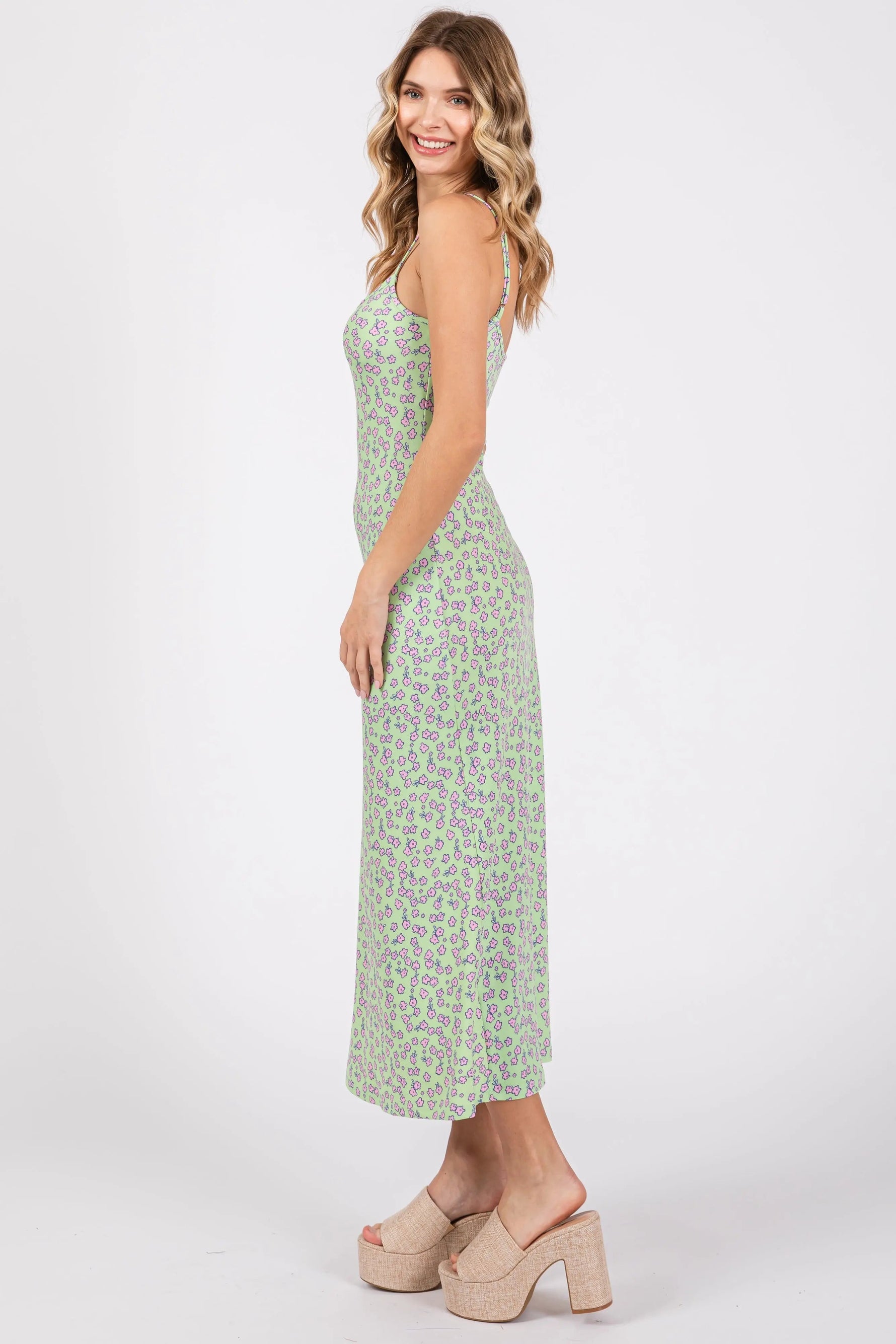 PinkBlush Lime Floral Sleeveless Midi Dress - 