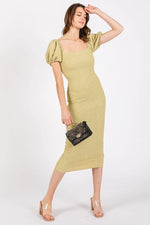 PinkBlush Lime Popcorn Textured Midi Dress with Puff Sleeves for Summer Outings - 