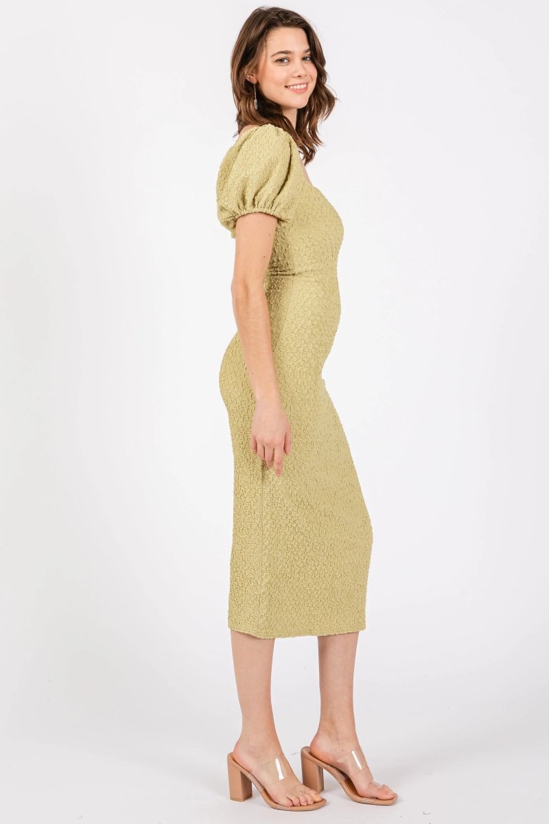 PinkBlush Lime Popcorn Textured Midi Dress with Puff Sleeves for Summer Outings - 