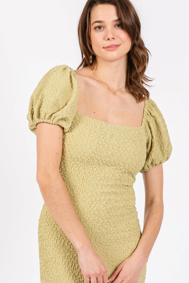PinkBlush Lime Popcorn Textured Midi Dress with Puff Sleeves for Summer Outings - 