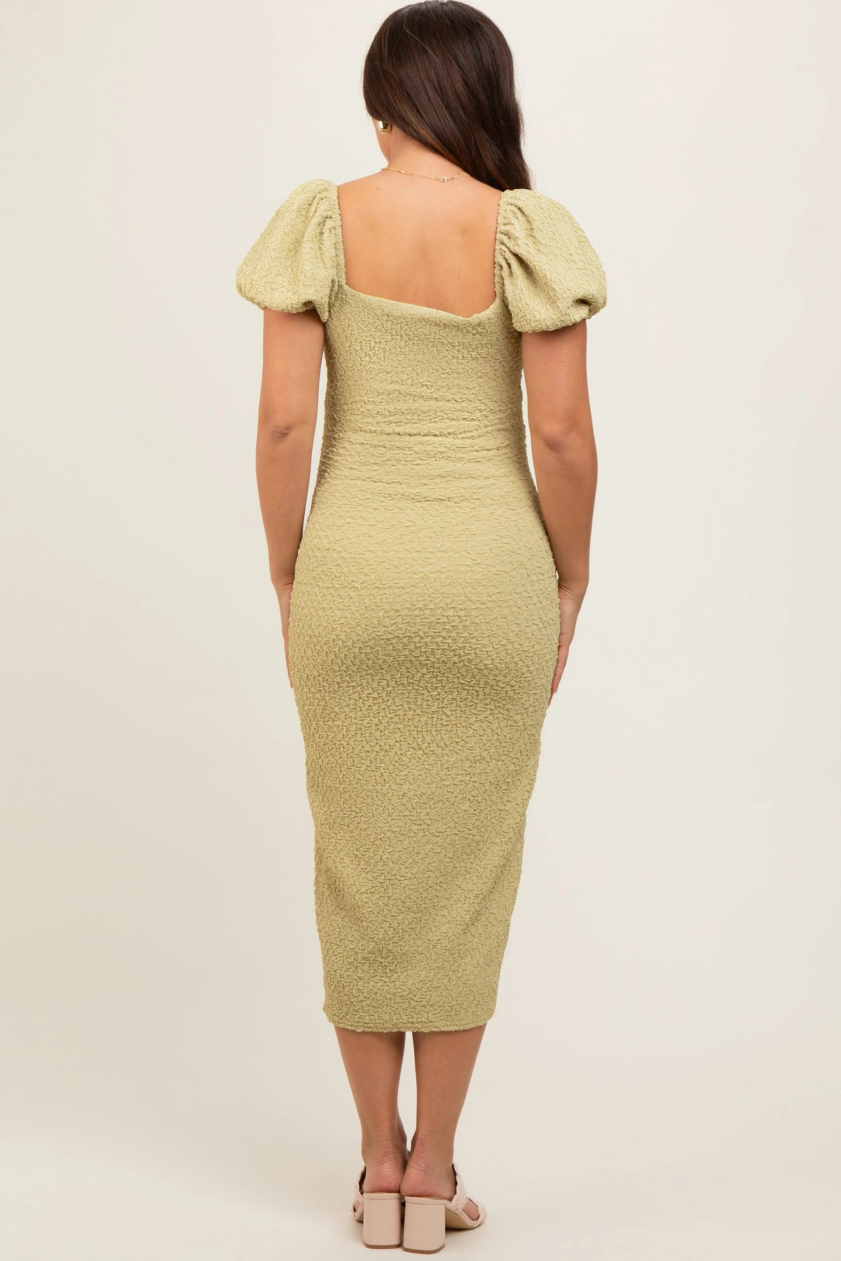 PinkBlush Lime Popcorn Textured Short Puff Sleeve Maternity Midi Dress - 