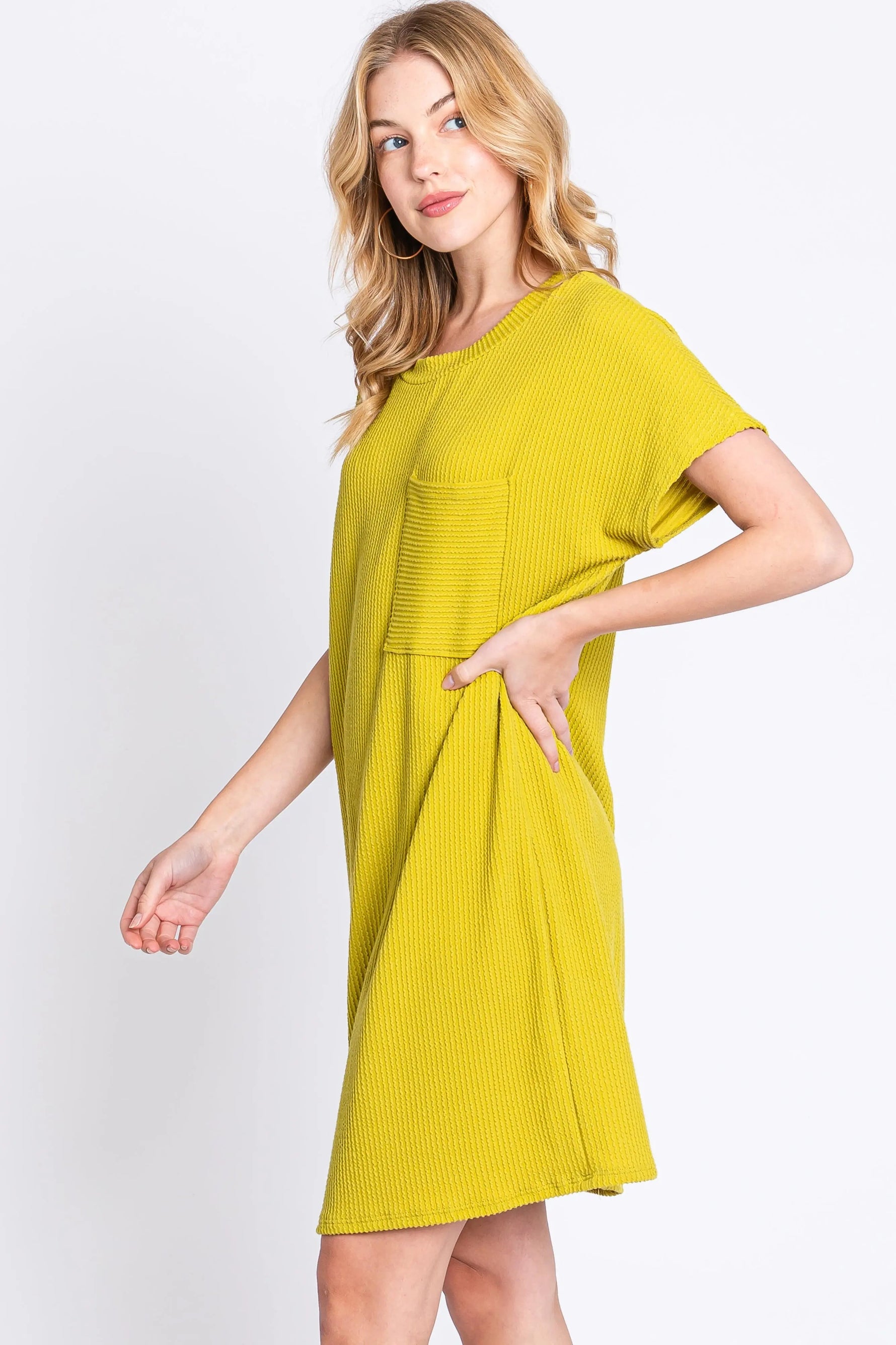 PinkBlush Lime Ribbed Front Pocket Dolman Short Sleeve Dress - 