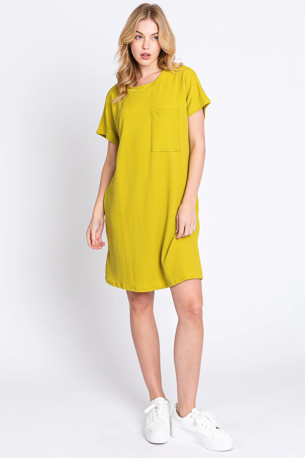 PinkBlush Lime Ribbed Front Pocket Dolman Short Sleeve Dress - 