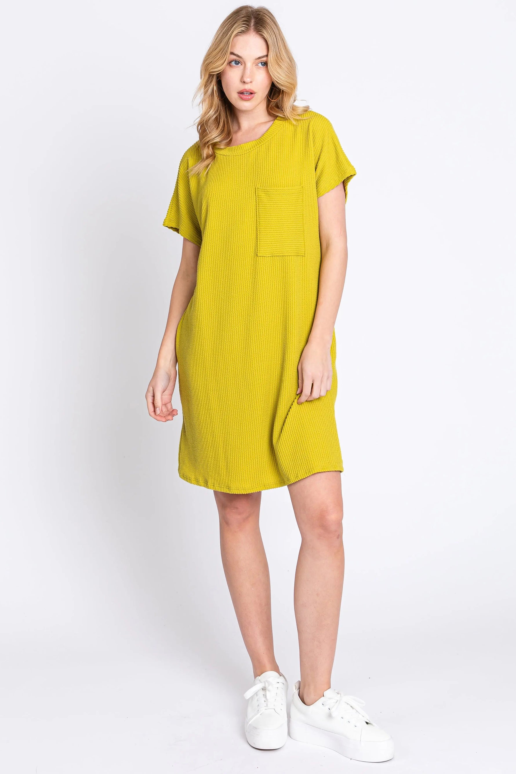 PinkBlush Lime Ribbed Front Pocket Dolman Short Sleeve Dress - 
