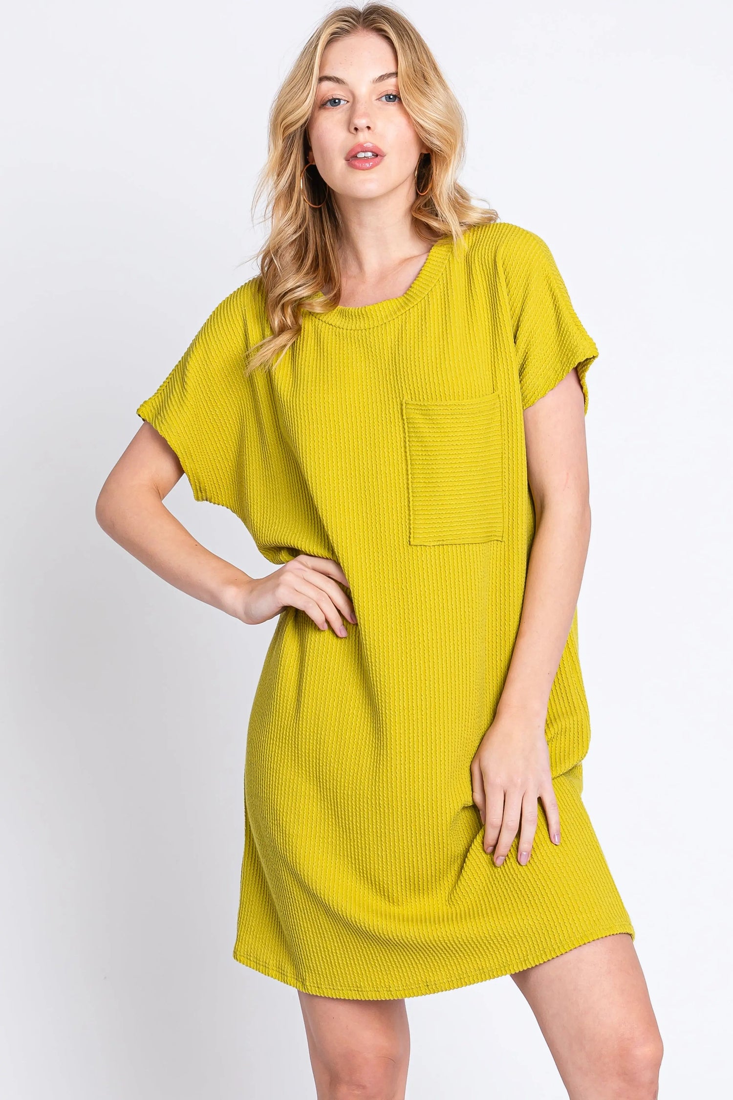 PinkBlush Lime Ribbed Front Pocket Dolman Short Sleeve Dress - 