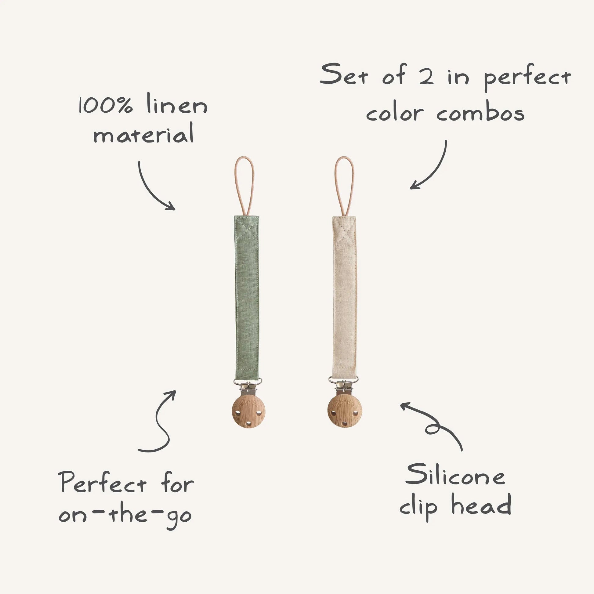 Linen Pacifier Clip Two Pack with Water Resistant Coating and Faux Wood Silicone Clasp Mushie