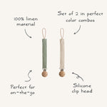Mushie Linen Pacifier Clip Two Pack with Water Resistant Coating and Faux Wood Silicone Clasp - 