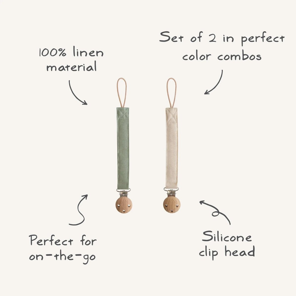 Mushie Linen Pacifier Clip Two Pack with Water Resistant Coating and Faux Wood Silicone Clasp - 