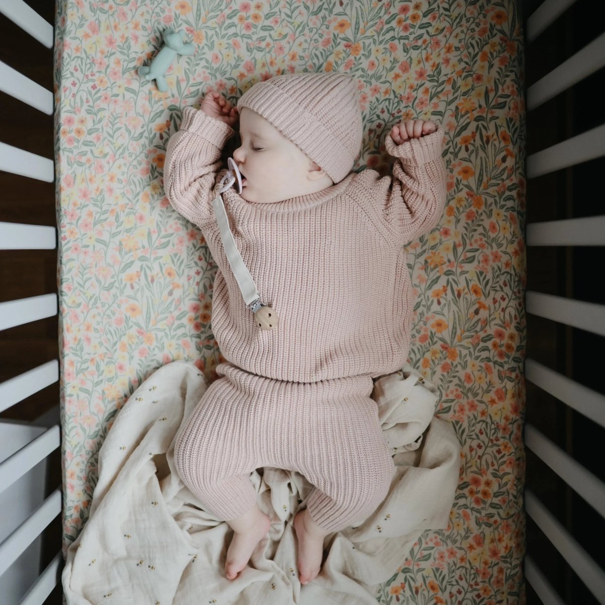 Mushie Linen Pacifier Clip Two Pack with Water Resistant Coating and Faux Wood Silicone Clasp - 