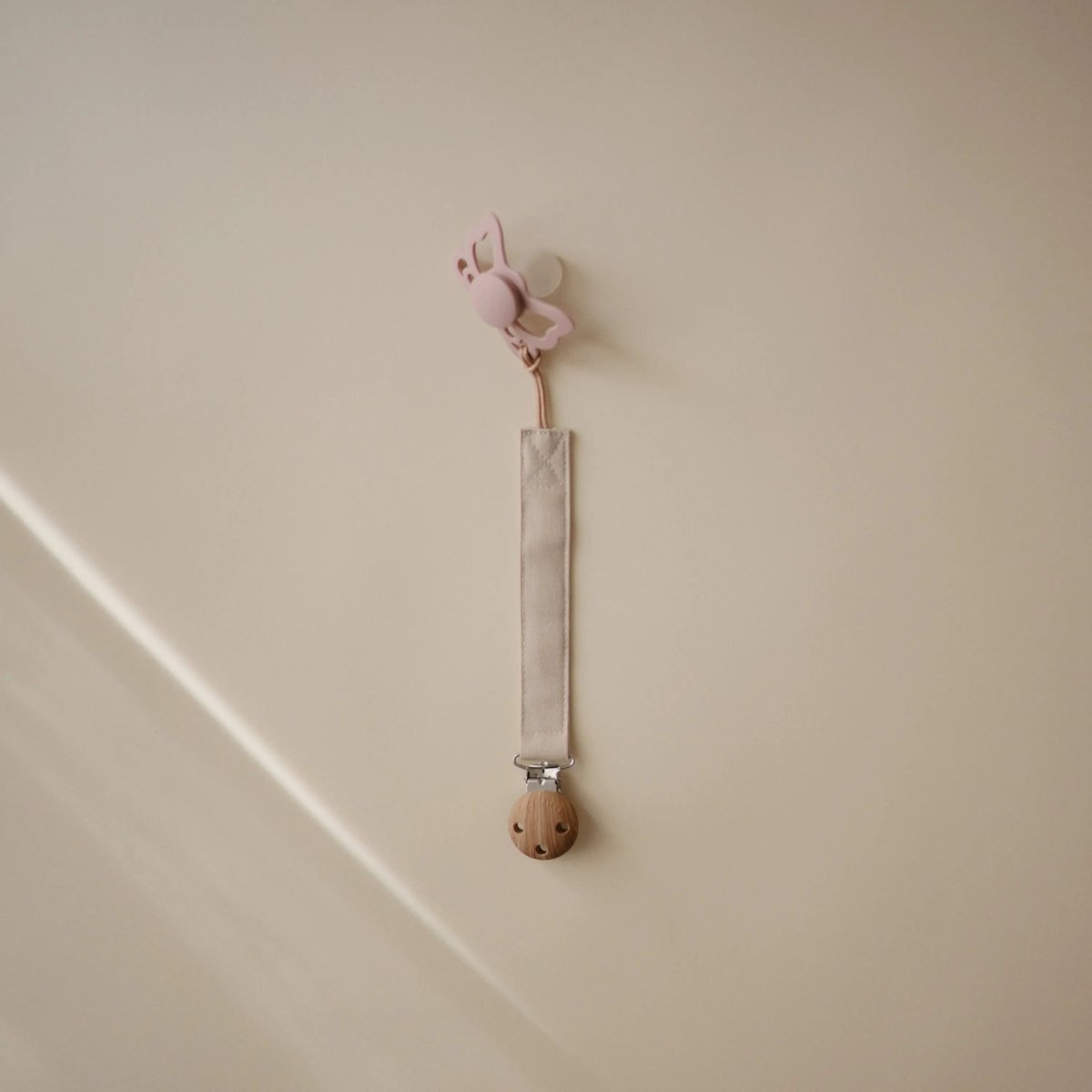 Mushie Linen Pacifier Clip Two Pack with Water Resistant Coating and Faux Wood Silicone Clasp - 