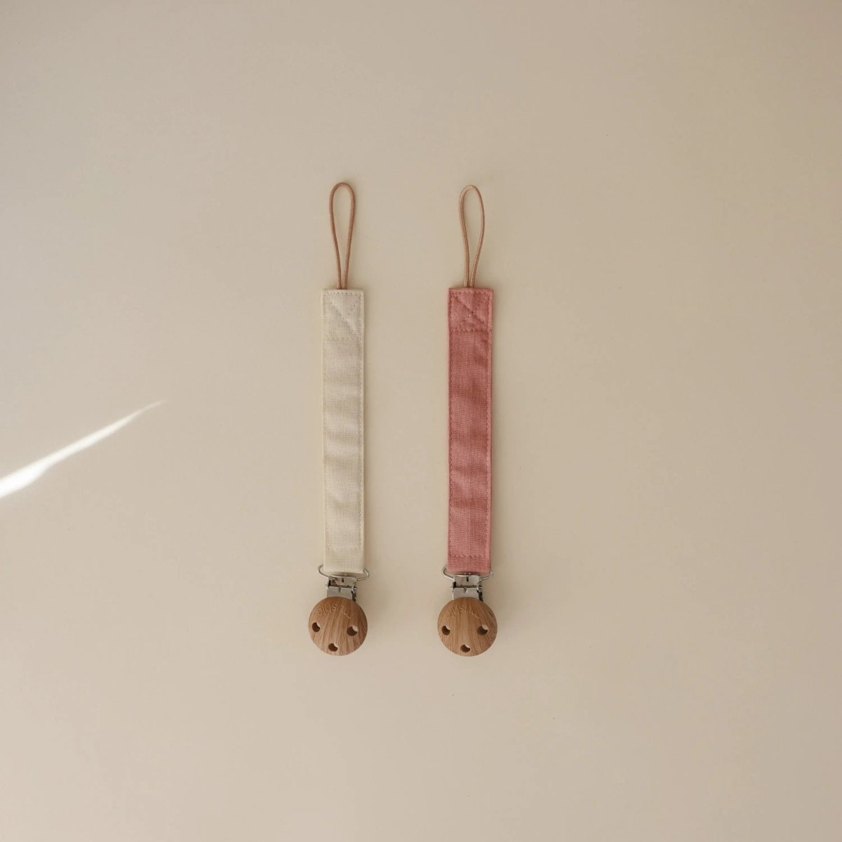 Mushie Linen Pacifier Clip Two Pack with Water Resistant Coating and Faux Wood Silicone Clasp - 