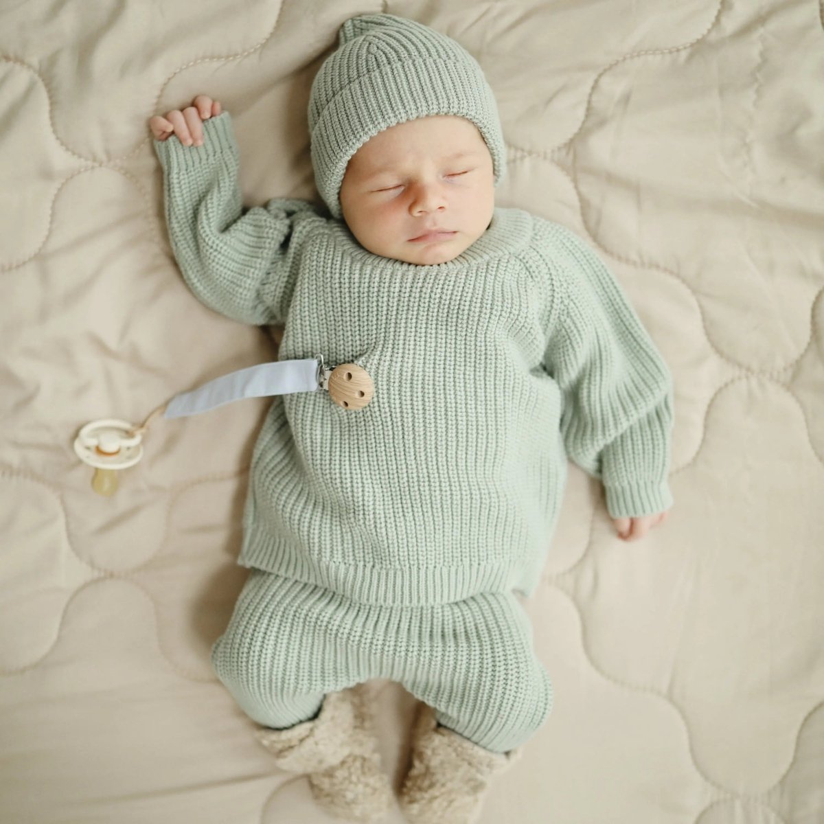 Mushie Linen Pacifier Clip Two Pack with Water Resistant Coating and Faux Wood Silicone Clasp - 